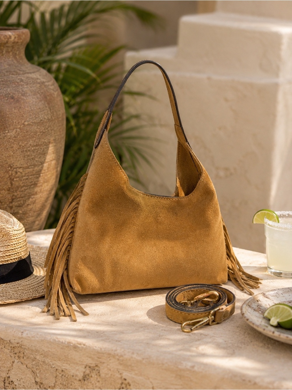 Isadora | Italian Leather Camel Suede Fringe Hobo Cowgirl Chic Bag w/ Crossbody - Picture 4 of 13